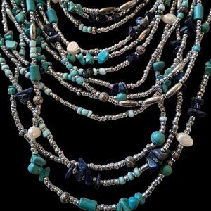 Vintage CHICOS 14 ROWS SILVER TONE MICRO BEAD TURQUOISE CHUNKS Necklace